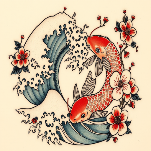 Japanese-inspired "Irezumi Waves" tattoo featuring bold, flowing lines and traditional motifs, incorporating koi fish and cherry blossoms in rich, saturated colors