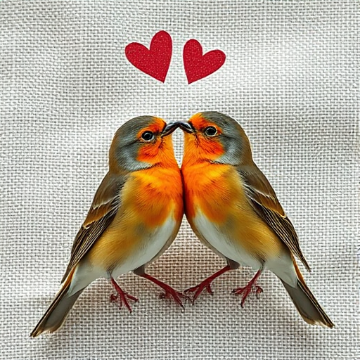 Generate an illustration of two birds kissing with hearts above them on a textured fabric background, use a Canon EOS 5D Mark IV, 50mm lens, aperture f/2.8, ISO 100, capture in natural light for enhanced detail and clarity.