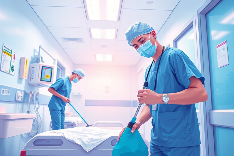 Create a digital illustration of two healthcare workers cleaning a hospital room, using a wide-angle lens, f/8 aperture, ISO 100, with soft lighting and a focus on vibrant colors, emphasizing the cleanliness and professionalism of the environment.