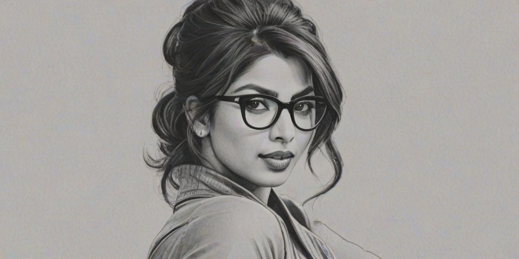 Appealing Priyanka Chopra, pencil sketch, portrait of Alluring woman 1934s in glasses, hair style beatnik, outline, clear lines, fine lines, 8k