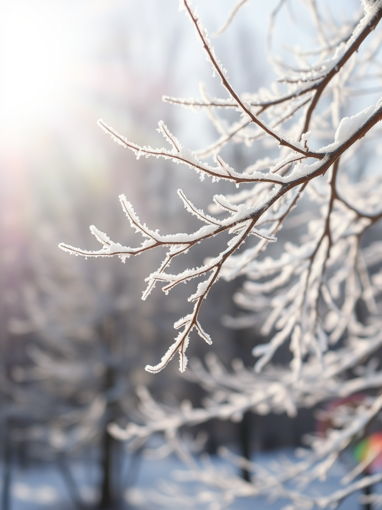 generate an image of frost-covered tree branches shimmering in the sunlight with a blurred winter background