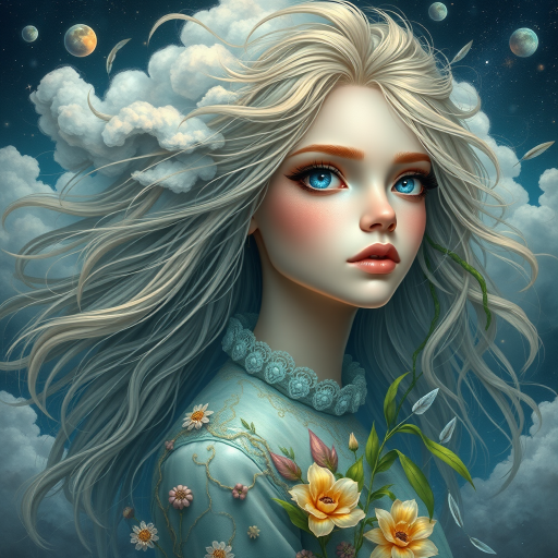 Create a series of imaginative portraits where each subject is infused with elements of fantasy and nature. The hair of the individuals should flow like clouds, varying from soft, fluffy cumulus to wispy cirrus strands, with hints of color reflecting a sunset or a clear blue sky. The eyes should be windows to entire galaxies, with stars, nebulae, and distant planets visible within them. Clothing should be adorned with nature motifs, such as floral patterns that bloom and change, vines that seem to grow and wrap around, or feathers that shimmer with iridescence. Each portrait should capture a unique personality, blending human features with the ethereal beauty of the natural and cosmic world. The backgrounds can vary, from starry night skies to enchanted forests, adding depth and context to the magical realism of the portraits