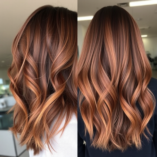 Earthy chestnut brown hair in the "Autumn Whisper" style showcases soft layers and warm balayage highlights