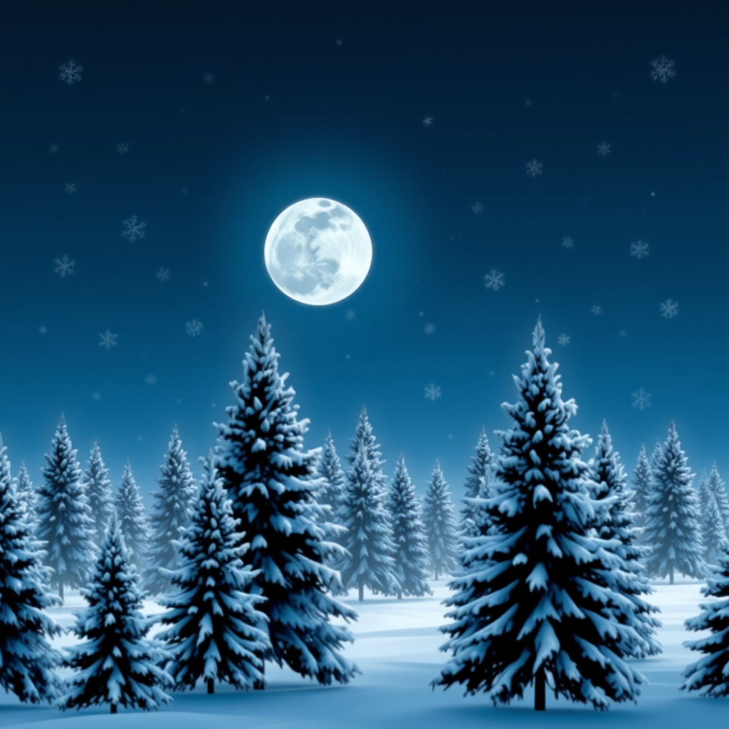 Generate a winter scene featuring a deep blue night sky with a large moon. Include various snowflakes drifting through the air and a forest of snow-covered pine trees in the foreground. The background should have a gradient transitioning from blue to white, creating a serene and magical atmosphere.