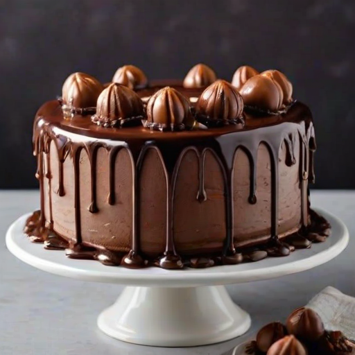 Create an image of a round chocolate cake with a glossy chocolate ganache drip around the top edge. The cake should be decorated with swirls of light brown frosting and topped with chocolate-covered hazelnut truffles. The base of the cake should have a decorative piping of frosting. The background should be a subtle, light-colored surface.