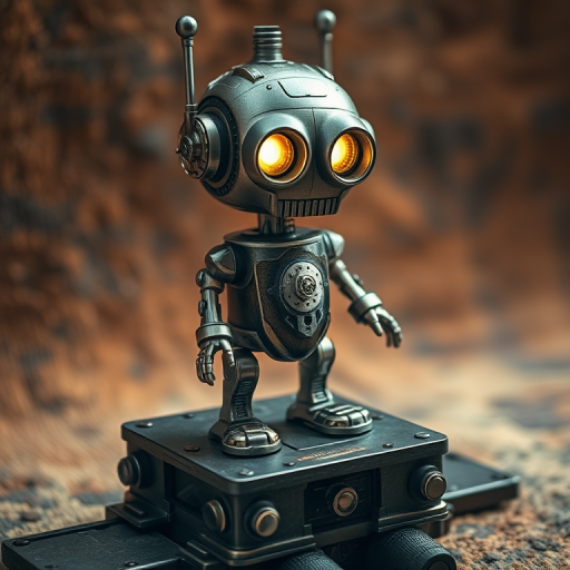 Produce a steampunk-inspired robot standing on a mechanical platform with intricate detailing and glowing eyes, captured with a DSLR camera at f/2.8, ISO 100, 50mm lens, in natural lighting for a dramatic effect, focusing on a textured, warm background to enhance the metallic features.