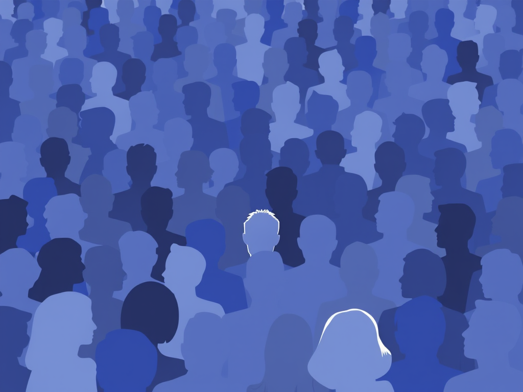 Create a vibrant illustration of diverse crowds with varying shades of blue, gray, and black silhouettes, using a Canon EOS R5 camera with a 50mm lens, f/2.8 aperture, ISO 100, and natural light to enhance clarity and depth.
