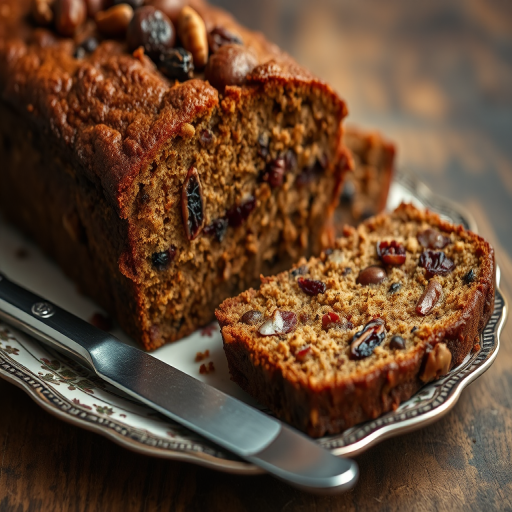 A close-up of a rustic fruitcake sliced into pieces resting on a decorative plate with a silver knife beside it showcasing rich brown tones and a texture filled with dried fruits and nuts. The background is softly blurred to emphasize the cake.