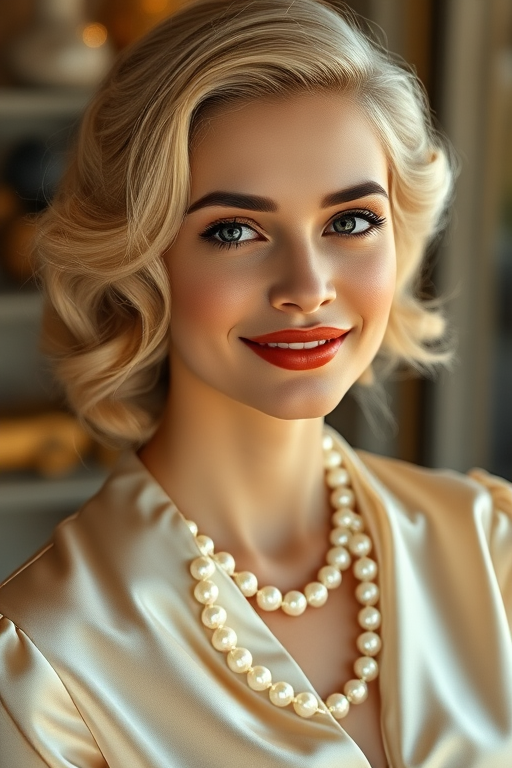 A beautiful Azerbaijani woman reminiscent of 1950s Hollywood glamour, with perfectly styled blonde hair and a seductive smile, dressed in a satin blouse and adorned with pearls, soft and warm tones, photorealistic, 8K
