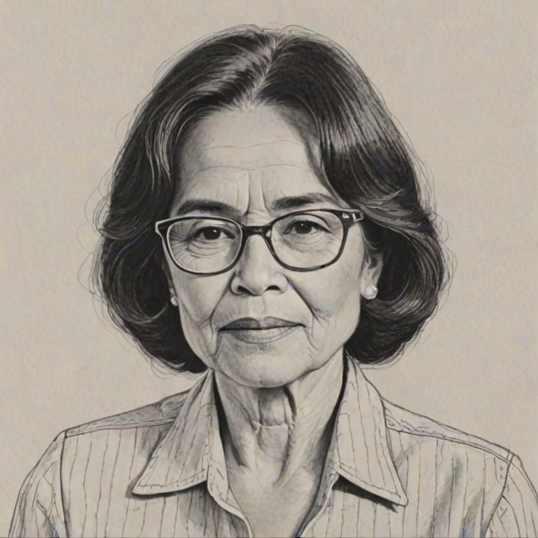 Resplendent Dolores Huerta, pencil sketch, portrait of Alluring woman 1963s in glasses, hair style beatnik, outline, clear lines, fine lines, 8k