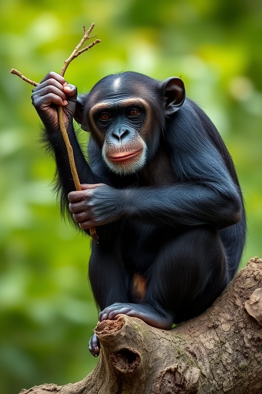 chimpanzee sitting on a tree trunk holding a twig with a blurred green background, taken with a Canon EOS-1D X Mark III, aperture f/2.8, shutter speed 1/500s, ISO 200, portrait orientation, shallow depth of field.