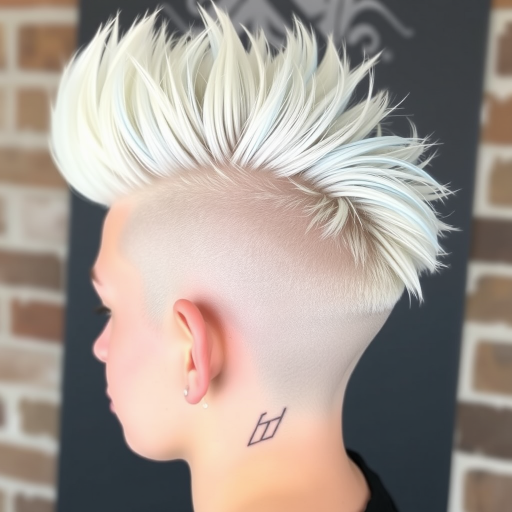 Striking platinum blonde undercut known as "Arctic Rebel" with intricate geometric patterns shaved into the sides, topped with a voluminous quiff and icy blue streaks