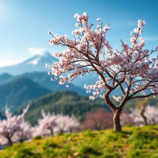 Create a high-resolution digital art piece depicting a serene mountain landscape with a cherry blossom tree in full bloom, captured in soft focus using a DSLR camera with a 50mm lens at f/2.8, ISO 100, and a wide-angle view, emphasizing vibrant colors and gentle lighting to enhance the overall tranquility of the scene.