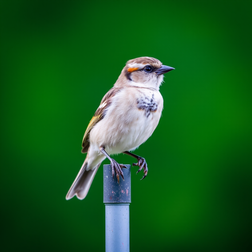 Capture a close-up of a sparrow perched on a pole, with a blurred green background, using a DSLR camera, 85mm lens, f/2.8 aperture, 1/1000 second shutter speed, and ISO 200 for enhanced image quality.