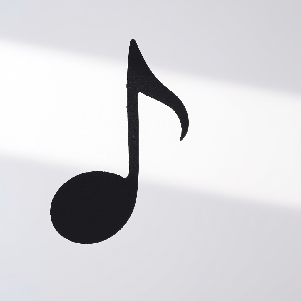 Generate a high-resolution image of a black silhouette of a musical note on a white background, using a DSLR camera with a 50mm lens, aperture f/1.8, ISO 100, and a soft natural light setting for enhanced clarity and detail.