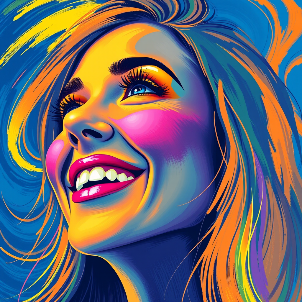 Generate a psychedelic portrait of a woman's happy face with brushstrokes of a woman smiling and looking up at the sky, emphasizing bright and bold colors. The dominant color should be deep blue, with swirling patterns of yellow, green, pink, purple and orange. open blue eyes with long eyelashes, apply an orange-yellow eyeshadow for a mesmerizing effect.
