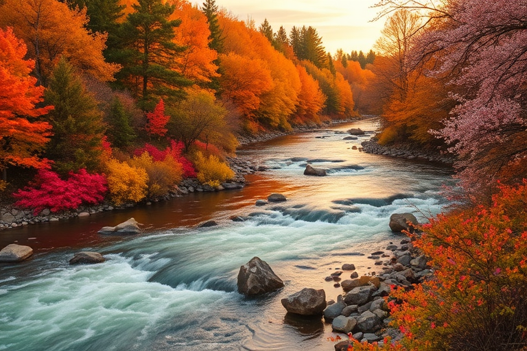 generate a vibrant autumn landscape featuring a flowing river surrounded by colorful trees with hues of orange, yellow, and pink flowers along the banks, taken with a DSLR camera at f/8 aperture, ISO 100, with a wide-angle lens at 24mm, using a polarizing filter for enhanced colors and clarity, during golden hour lighting for warm tones.