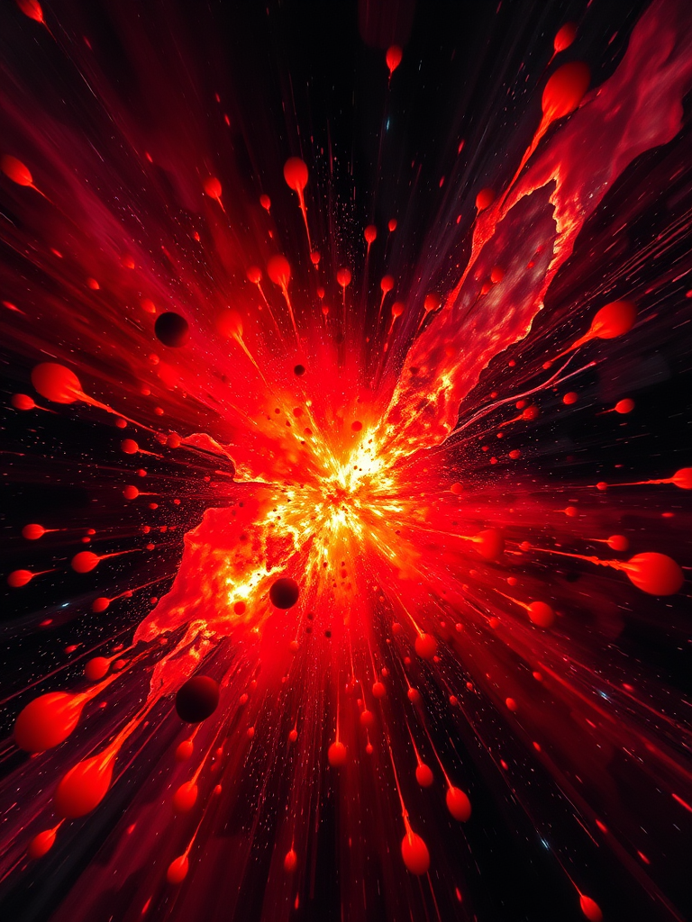Create a high-resolution abstract image of a cosmic explosion with vibrant colors of red, orange, and black, captured from a wide-angle view using a digital camera at f/2.8, ISO 100, shutter speed 1/60s, and enhanced with HDR processing.