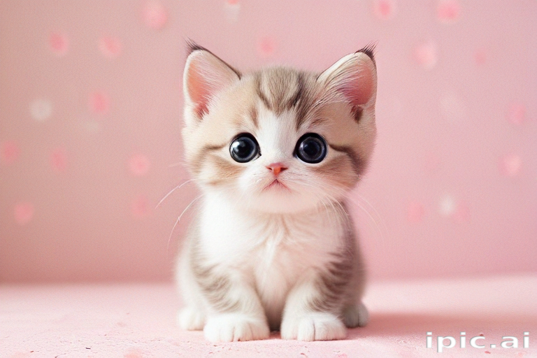 Adorable Kitten with Big Eyes Sitting Against a Soft Pink Background