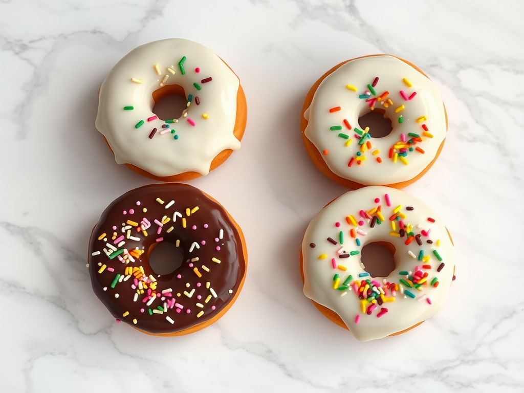 four frosted donuts with chocolate and white icing topped with colorful sprinkles on a white marble surface, shot with a Canon EOS R5, 50mm lens, f/2.8, ISO 200, natural light, overhead view