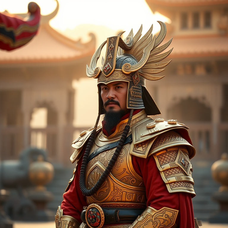 A regal character dressed in elaborate traditional attire with golden armor and a strikingly ornate helmet, standing in an ancient Asian temple setting during soft golden hour lighting, captured with a 50mm lens at f/1.8, ISO 100, shutter speed 1/200s, using a full-frame DSLR camera, with a shallow depth of field to emphasize the details of the attire and background bokeh.