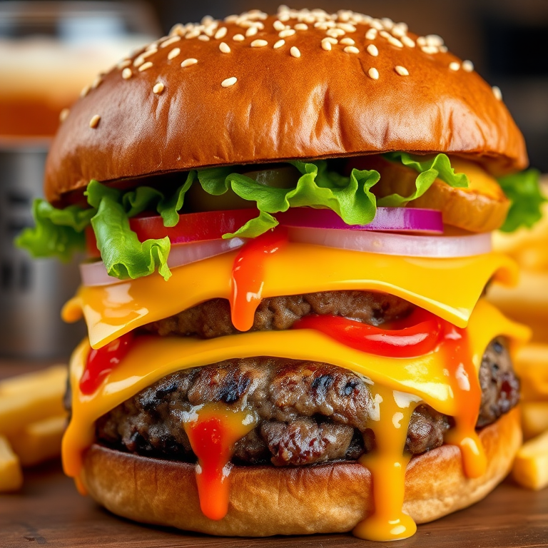 High-resolution, close-up image of a gourmet double cheeseburger. The burger features a glossy, sesame-seed-topped brioche bun. Inside, there are two thick, juicy beef patties, each topped with melted cheddar cheese. The burger is garnished with fresh lettuce, tomato slices, diced onions, and pickles. A generous amount of ketchup and a creamy, orange-colored sauce is dripping down the sides, adding to the mouth-watering appeal. In the background, there are blurred elements including a side of golden French fries and a hint of a beverage, enhancing the overall presentation of a delicious meal.