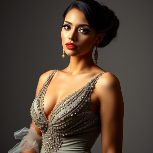 Studio portrait, female model, elegant couture dress, bold makeup, dramatic lighting, Utilize a 50mm portrait lens for crisp details and a soft background blur, 8k