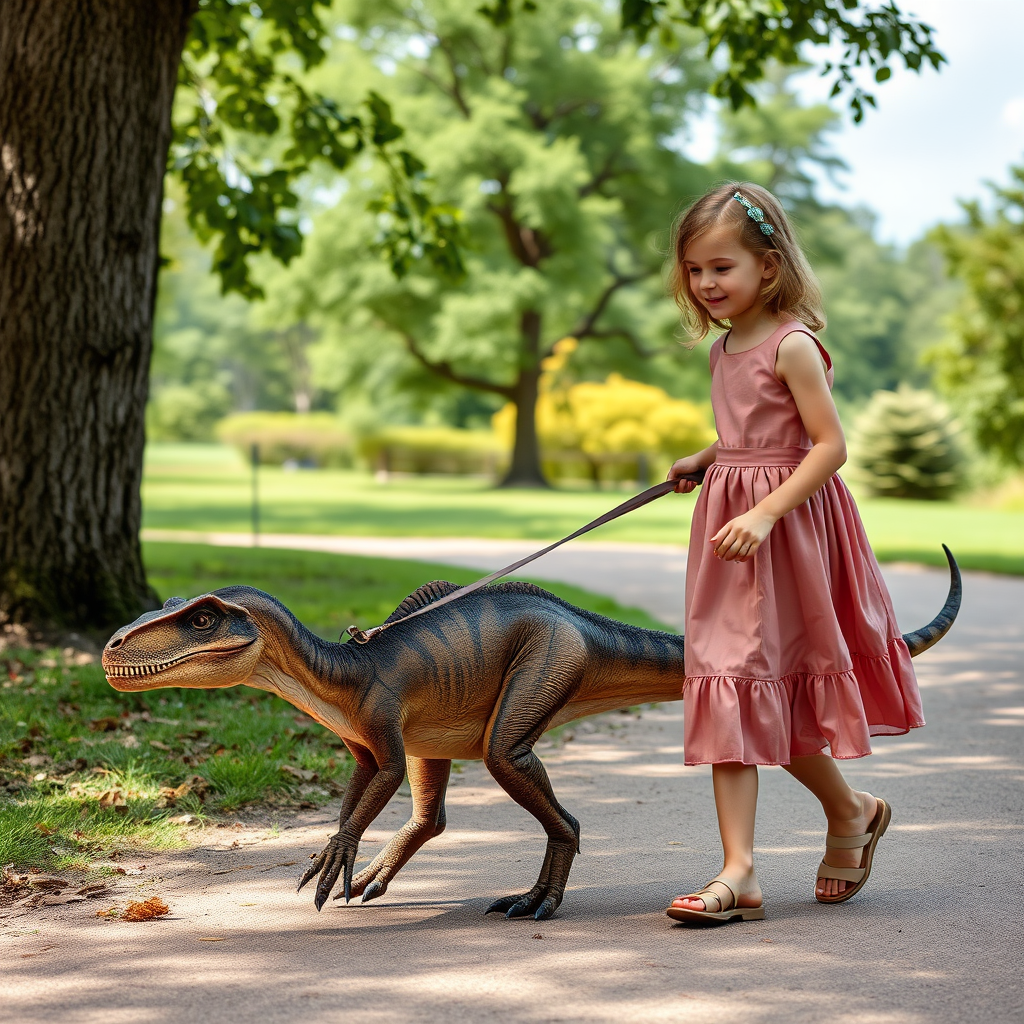 12 year old girl in a dress walking her pet Velociraptor on a leash through a park