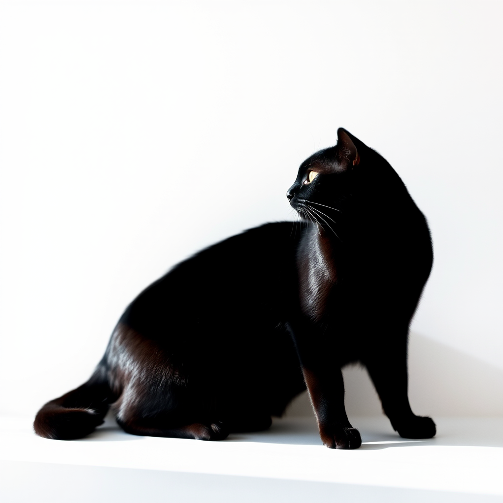 Create a high-resolution image of a minimalist cat silhouette in black against a white background, captured with a Canon EOS R5 at f/8, ISO 100, 50mm lens, using a flat lay perspective and natural light for optimal clarity.