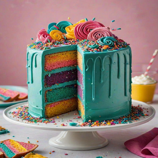 Create an image of a vibrant and colorful cake with a smooth teal frosting. The cake should have multiple layers, with visible pink frosting and colorful sprinkles inside. The top should be decorated with pink swirls of frosting and additional sprinkles, and there should be a slice cut out to showcase the layers. The cake is displayed on a white cake stand, with some colorful crumbs scattered around.