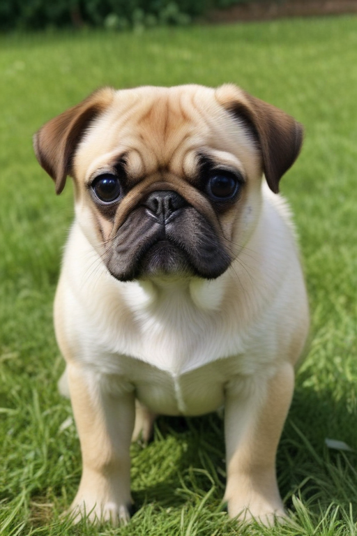 Pugchi A Cute and Playful Pug Puppy Sitting on Fresh Green Grass.