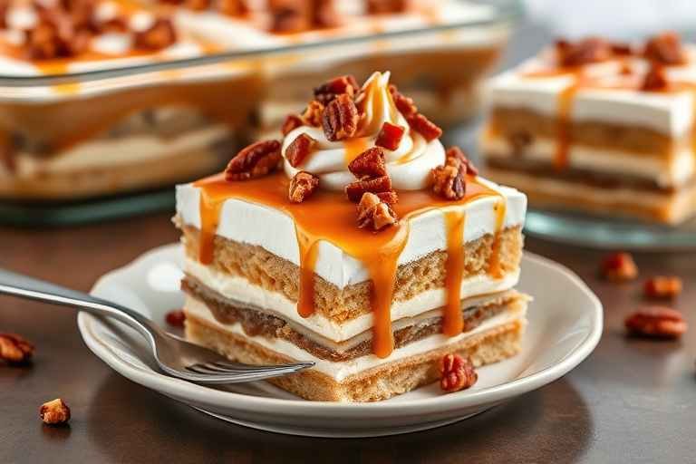 Delicious layered dessert with cake layers topped with whipped cream caramel sauce and chopped pecans served on a plate with a fork beside it and more dessert in the background on a glass serving dish.