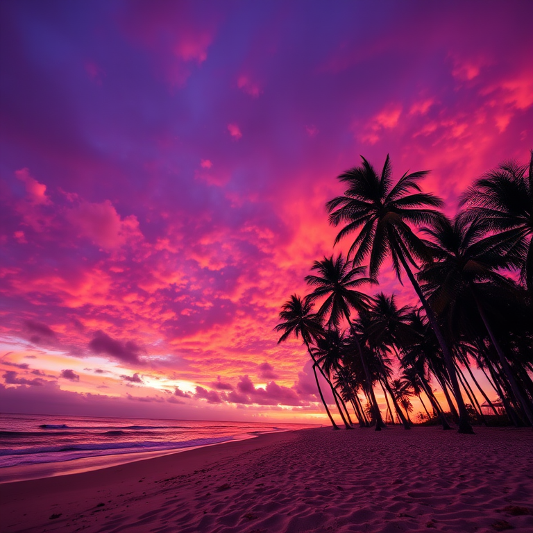tropical beach at sunset with vibrant purple and orange skies, tall palm trees silhouetted against the horizon, captured with a Canon EOS 5D Mark IV, ISO 100, f/11, shutter speed 1/125 sec, wide-angle view, HDR style for enhanced colors and details