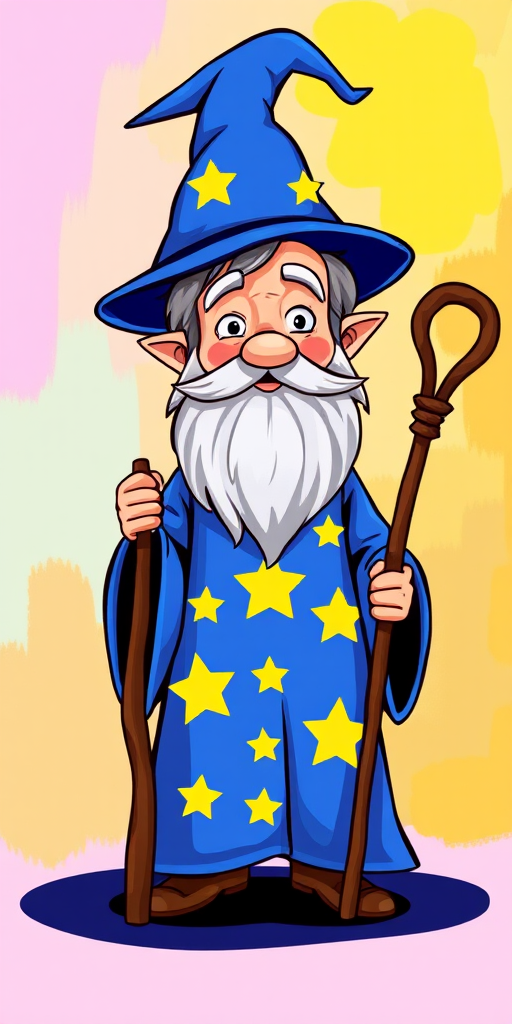 Create a vibrant illustration of a cartoon wizard wearing a blue robe adorned with yellow stars, holding a wooden staff, with a whimsical blue pointed hat, set against a simple, colorful background; use a DSLR camera with a 50mm lens, aperture f/2.8, ISO 100, natural light, and a shallow depth of field for enhanced clarity and vibrancy.