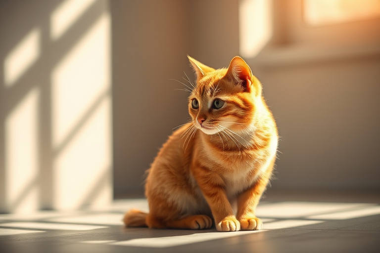 Generate a high-quality image of an orange cat sitting in a beam of sunlight, with soft shadows, using a DSLR camera, 50mm lens, aperture f/1.8, ISO 100, natural lighting, shallow depth of field.