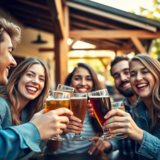 Capture a lively outdoor gathering with three friends cheerfully toasting their drinks, focusing on their genuine smiles, warm sunlight filtering through wooden beams, set at f/2.8, ISO 200, 1/250s, using a 35mm lens on a DSLR for a shallow depth of field and vibrant colors.