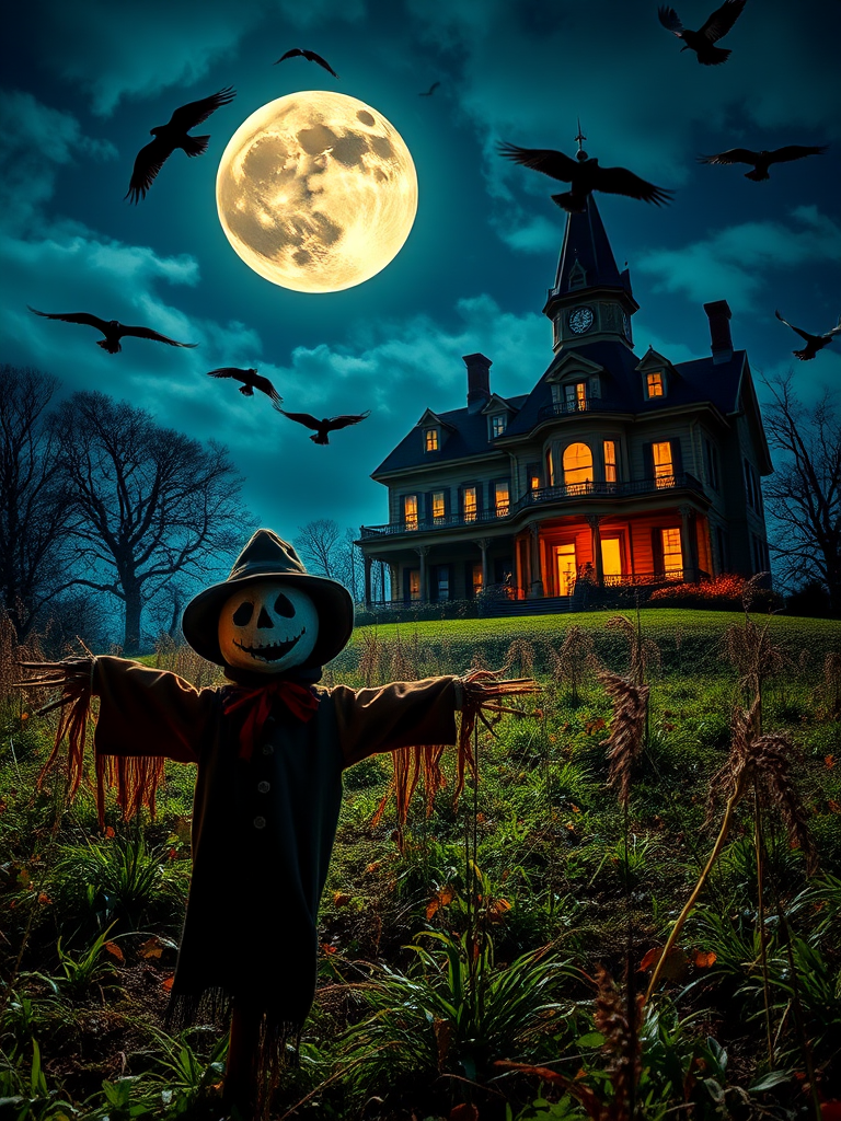 scarecrow in a haunted field with a full moon, spooky mansion in the background, crows flying around, vibrant colors, low angle view, wide aperture f/2.8, ISO 100, 24mm lens, HDR photography technique, nighttime setting