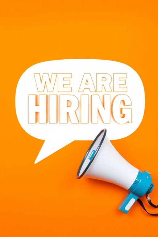 Create an image featuring a vibrant orange background with a large speech bubble containing the text "WE ARE HIRING" in bold, white letters, alongside a graphic of a megaphone, using a DSLR camera with aperture f/2.8, ISO 100, and a focal length of 50mm in a flat lay style.