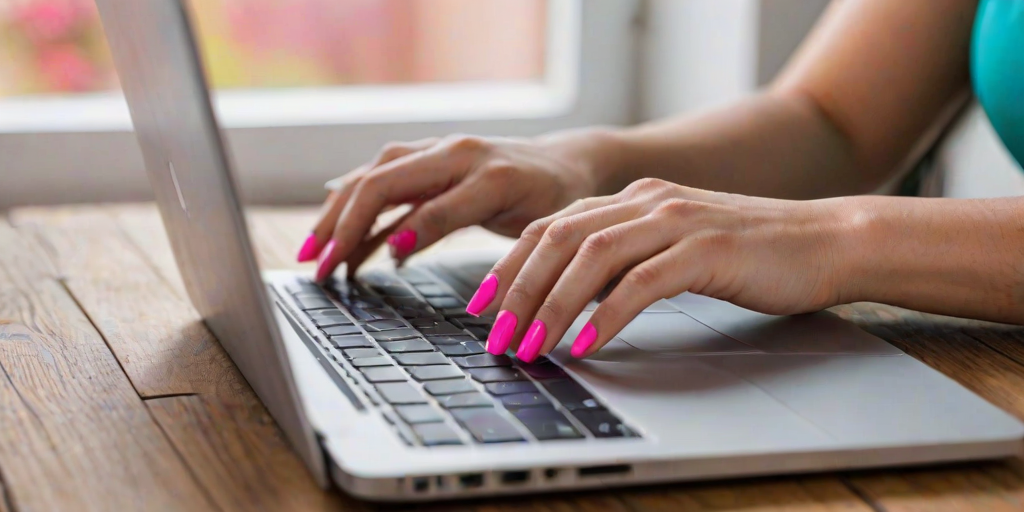 a close-up of a person typing on a laptop with long, vibrant pink nails, resting their hands on a wooden surface near a window with a bright and colorful background