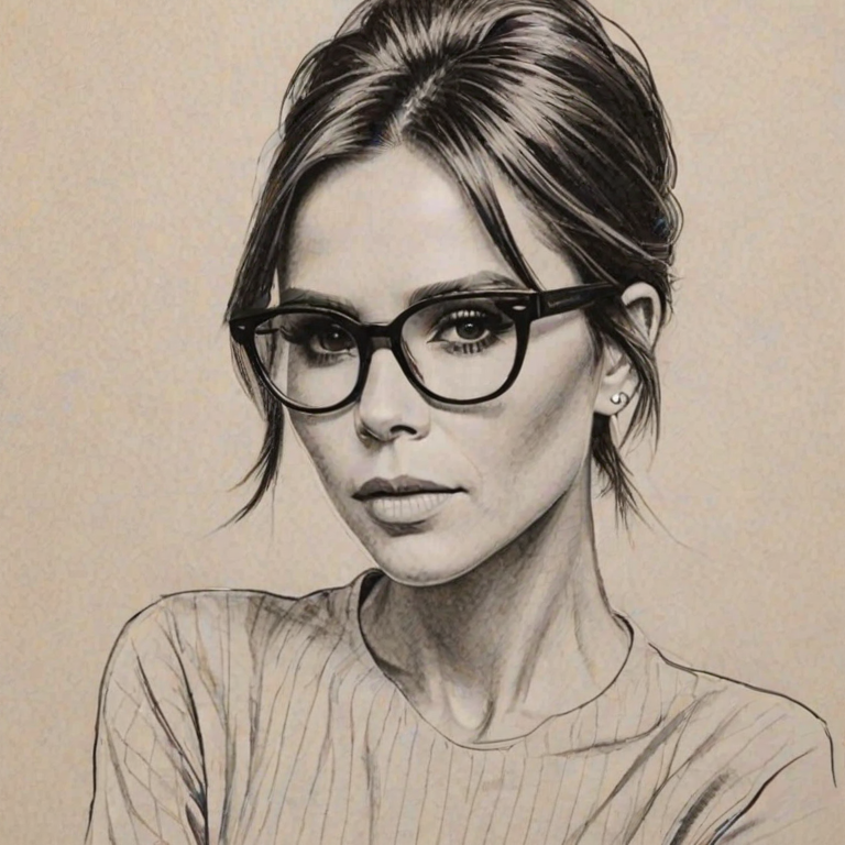 Fascinating Victoria Beckham, pencil sketch, portrait of Gorgeous woman 1924s in glasses, hair style beatnik, outline, clear lines, fine lines, 8k