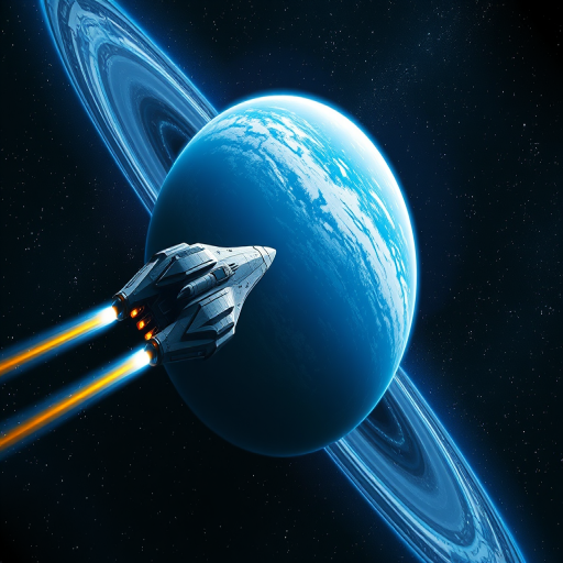 A futuristic spaceship traveling through space near a vibrant blue planet, with a starry background and nebula colors, camera settings: ISO 100, f/8, 1/250s, camera view: wide-angle, camera style: high-resolution digital art, camera type: DSLR.