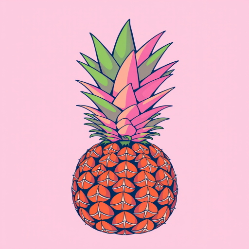 Create a stylized illustration of a pineapple with a light pink grid background, using vibrant colors and clean lines, captured with a DSLR camera at 50mm, aperture f/2.8 for depth of field, ISO 100 for clarity, and a soft natural light to enhance the colors.