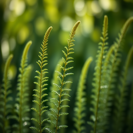 tall ferns in a soft focus background, shallow depth of field, natural daylight, ISO 100, f/2.8, 50mm lens, macro photography, digital camera