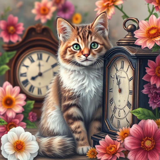 A detailed illustration of a fluffy cat sitting beside an antique clock surrounded by vibrant flowers, captured in a soft focus view, using a DSLR camera with a 50mm lens at f/1.8, ISO 100, 1/200s, emphasizing rich colors and textures.