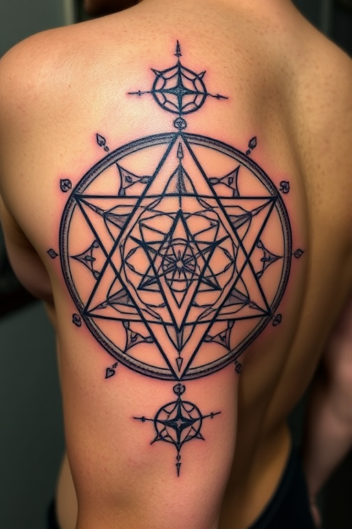 Geometric tattoo entitled "Sacred Symmetry" showcasing a complex arrangement of overlapping shapes and lines that form a harmonious and balanced design, incorporating elements of sacred geometry and ancient symbols to create a visually striking and spiritually meaningful piece, perfect for those who appreciate mathematical precision and hidden symbolism in their body art.