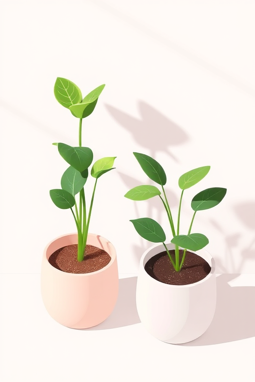 Create a digital illustration of two potted plants with minimalist design and soft pastel colors, using a camera setting of f/4 aperture, 50mm lens, natural light, and a top-down view to enhance detail and quality.