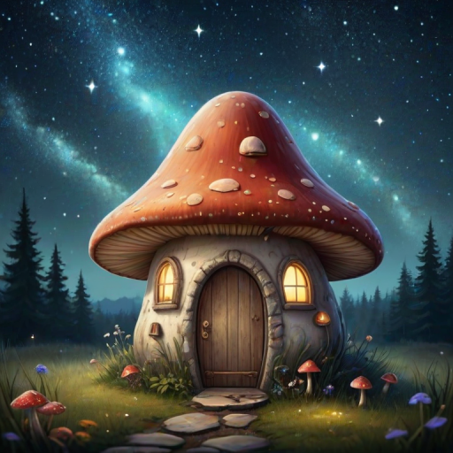 create illustration of a mushroom house with a door and a window, a storybook , fantasy art, mushroom house, bg starry sky, sparkles