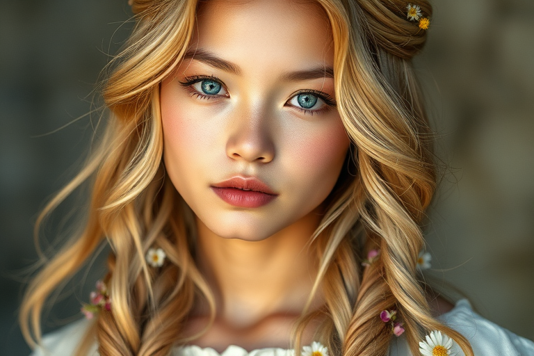 Create an image of a young Ryukyuan woman with long, wavy blonde hair, adorned with small, colorful flowers woven into her braids and loose strands. Her complexion is fair, with soft, glowing skin, and she has light blue eyes that gaze softly at the viewer. She wears a light, flowing dress with a gentle, ethereal quality, complementing her delicate and serene appearance. The background is slightly blurred, drawing focus to her tranquil expression and the intricate details of the flowers in her hair. The overall mood of the image is one of natural beauty and grace, evoking a sense of peacefulness and connection with nature.