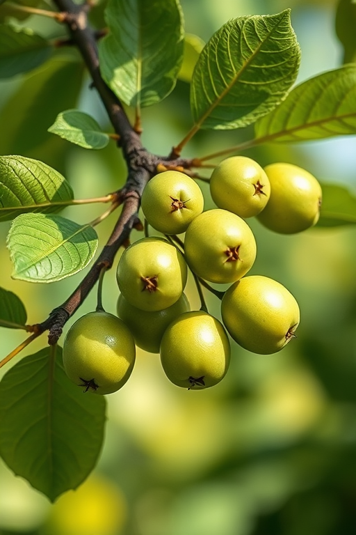 Generate a high-resolution illustration of a branch with green fruits and leaves, use a macro lens perspective, aperture f/2.8 for a shallow depth of field, ISO 100 for enhanced clarity, and natural soft lighting to highlight the details.