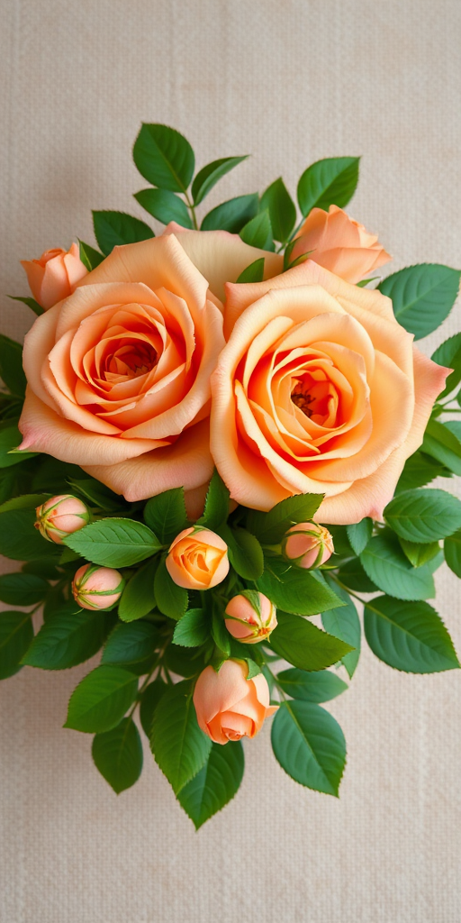 Create a vibrant floral arrangement featuring large peach roses and smaller buds with luscious green leaves against a textured beige background, shot with a DSLR camera at f/2.8 aperture, ISO 100, 50mm lens, top-down view for intricate detail and depth, using natural light for enhanced colors and softness.